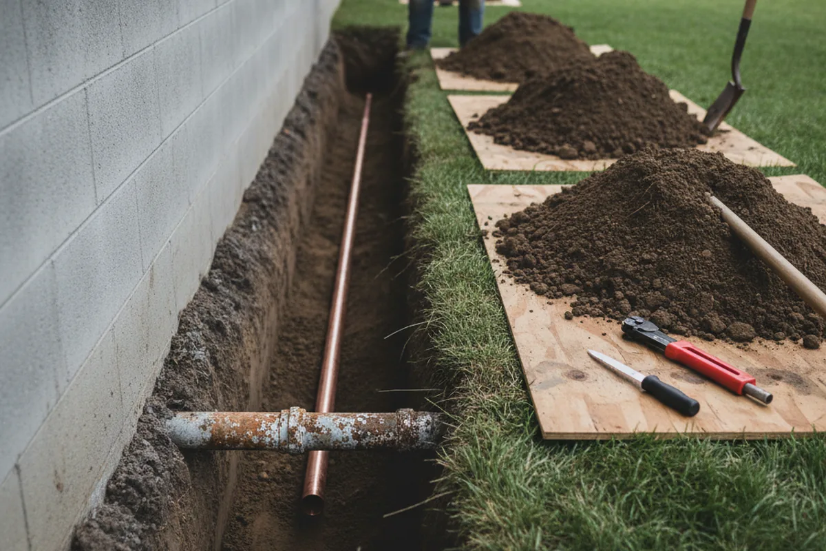 Excavated water line trench during Sewer Line Repair in Quinnesec